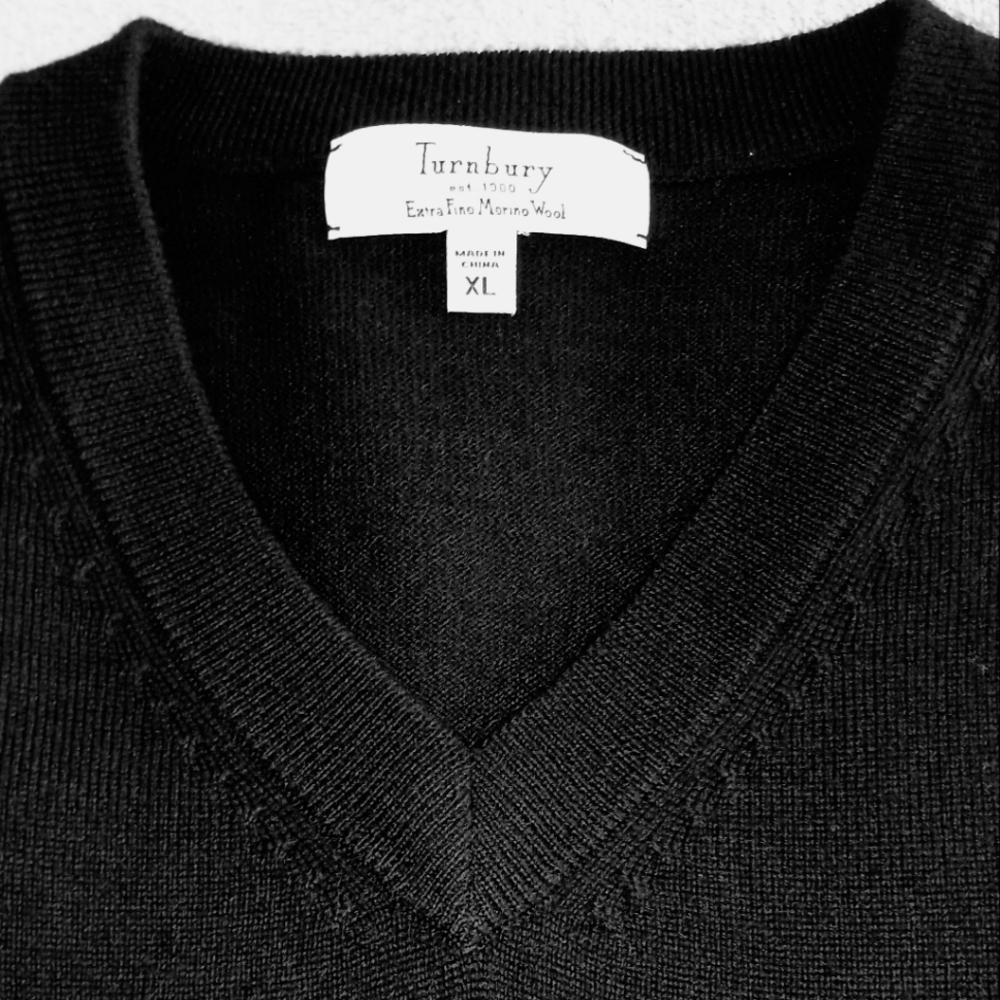 Turnbury Black Sweater Vest Merino Wool V-Neck XL Minimalist Preppy